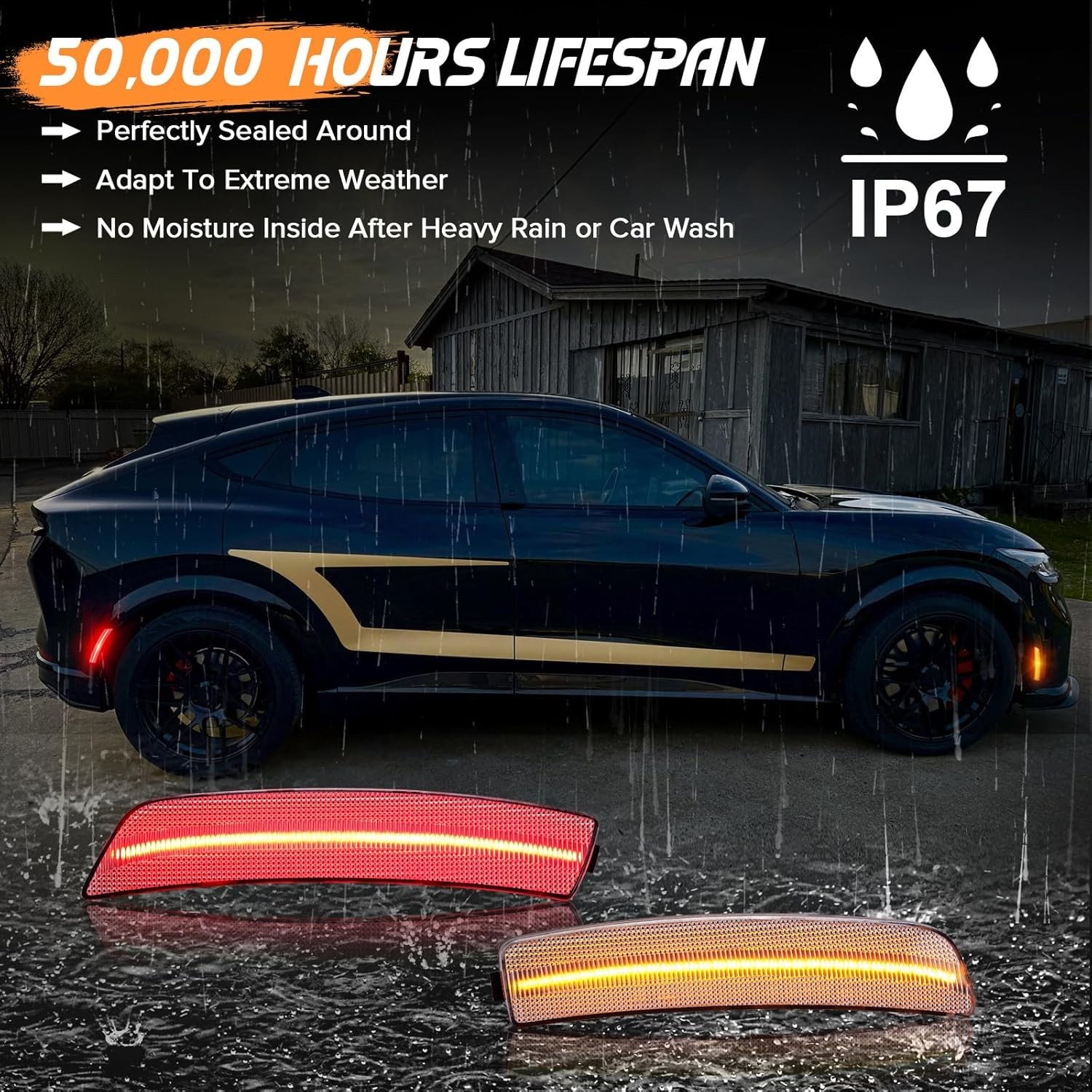 4pc Set Clear Lens Amber/Red Full LED Side Marker Lights For Ford Mustang Mach-E