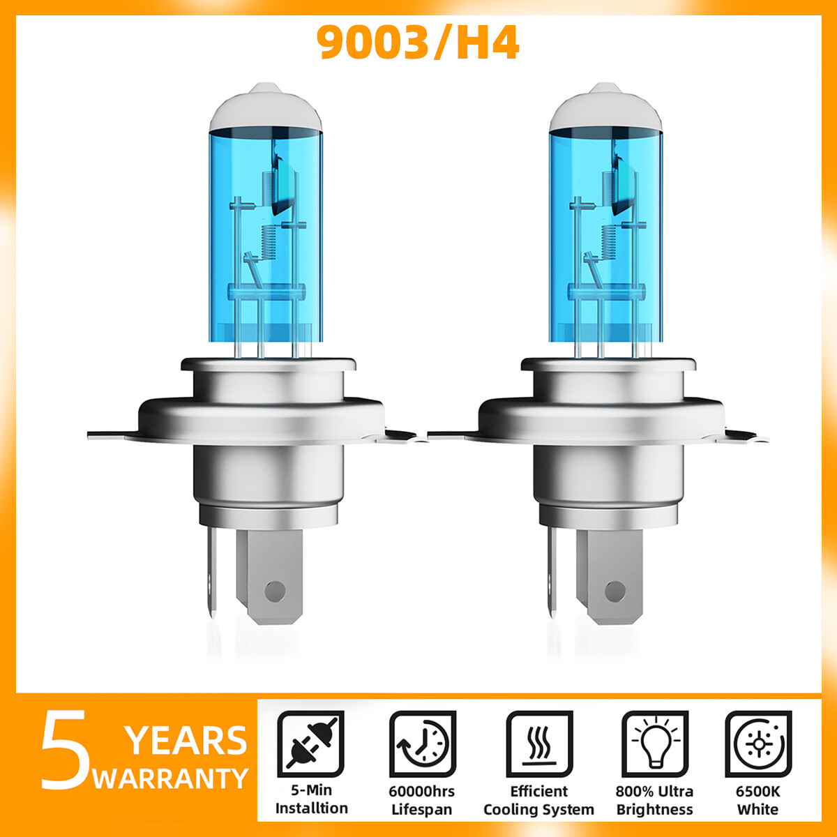 2PCS H4/9003 Halogen Headlight Bulbs Kit High/Low Beam 5000K Warm White Bright
