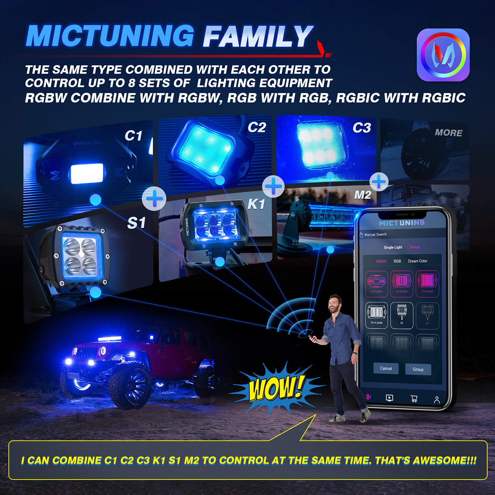 MICTUNING 16 Pods Q1 RGBW LED Rock Lights,Multicolor Underglow Remote Controller