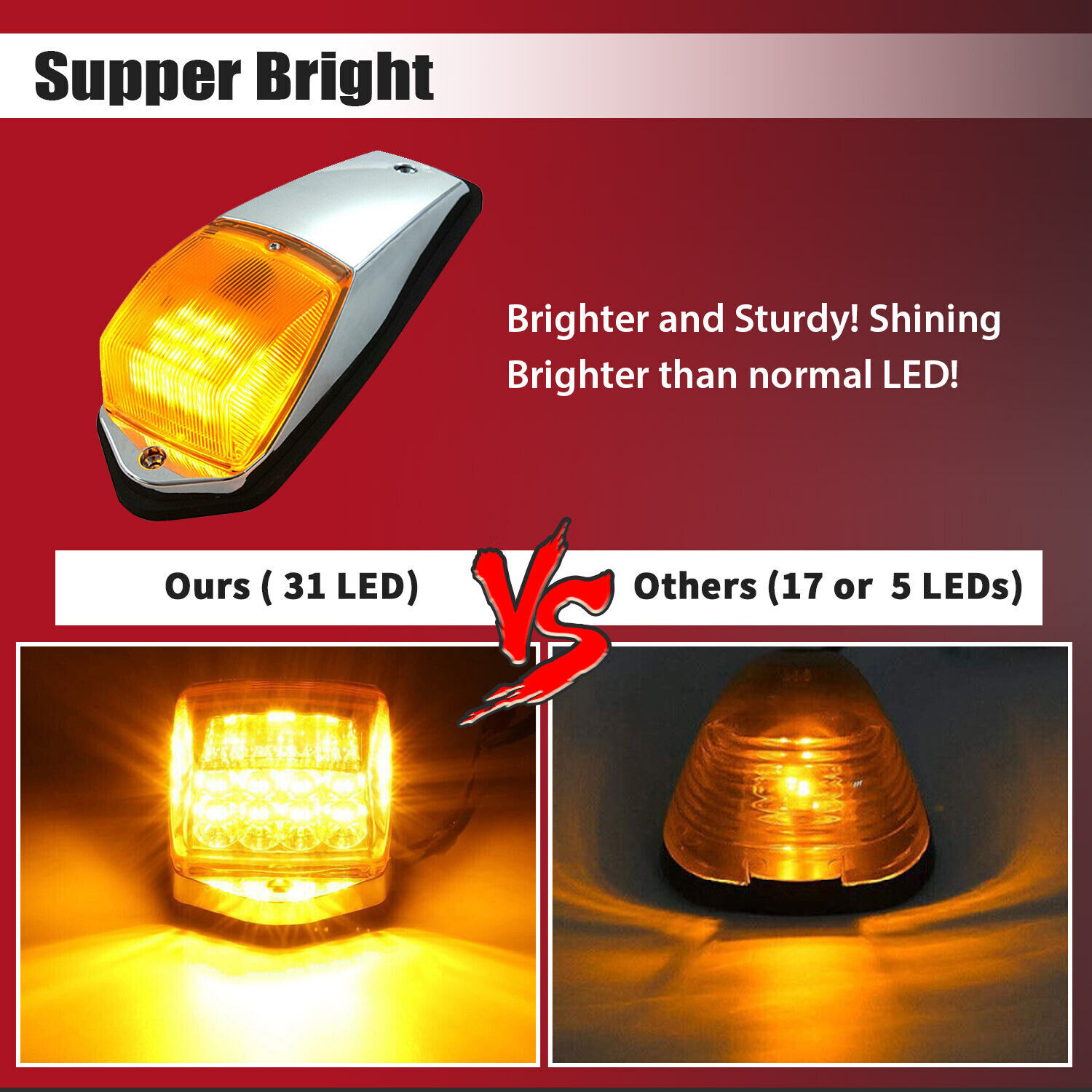 5 pcs Amber Chrome 31 LED Cab Marker Lights for Peterbilt Kenworth Freightliner