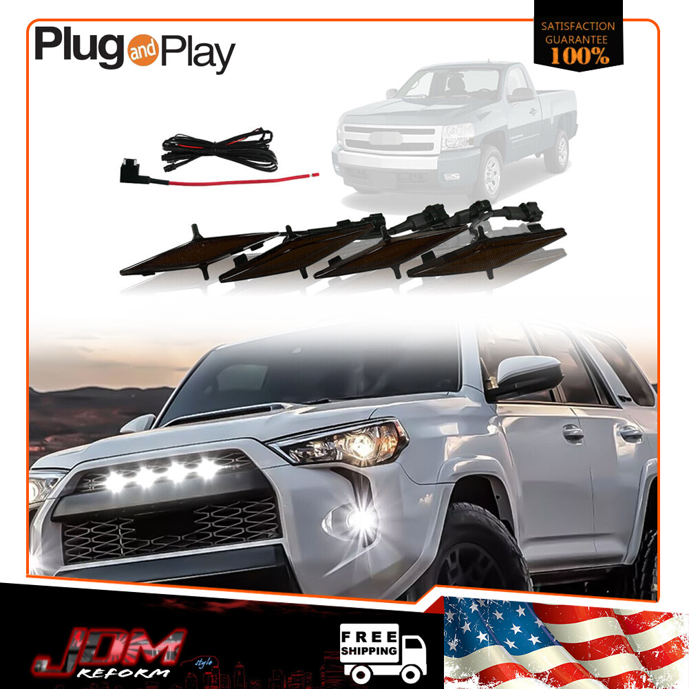 4x Smoked Front Grille LED Lights White For Toyota 4Runner TRD Pro 2014-2019