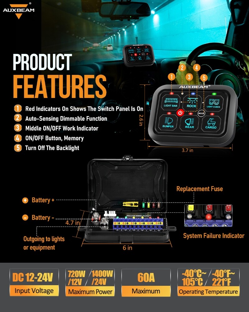 AUXBEAM 6 Gang RGB On/Off Switch Panel Toggle LED Light Circuit Relay System Kit