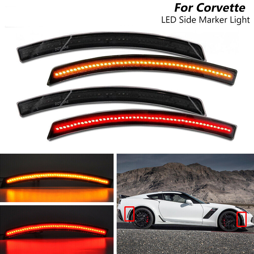 4pc Smoked Red Amber LED Front Rear Side Marker Lights For Corvette C7 2014-2019