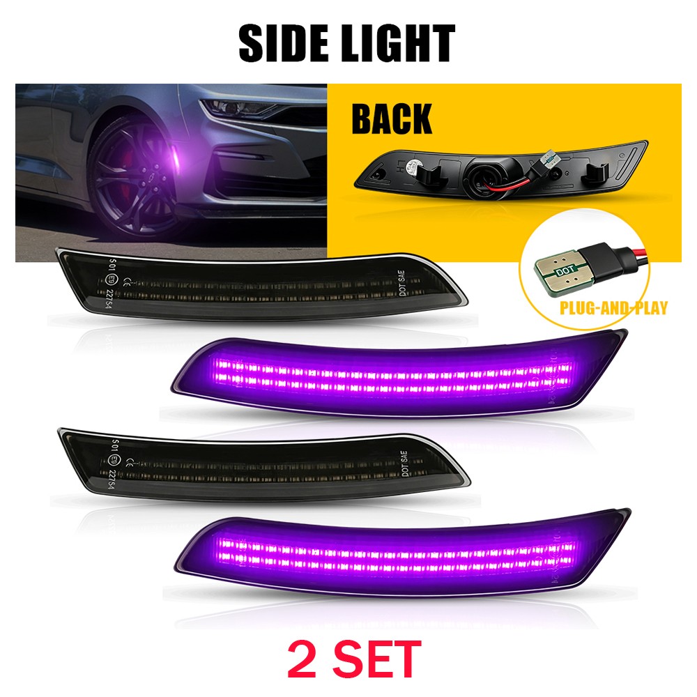 LED Side Marker Light Kit For 2016 17-2023 Chevy Camaro 8X Purple Smoked Housing