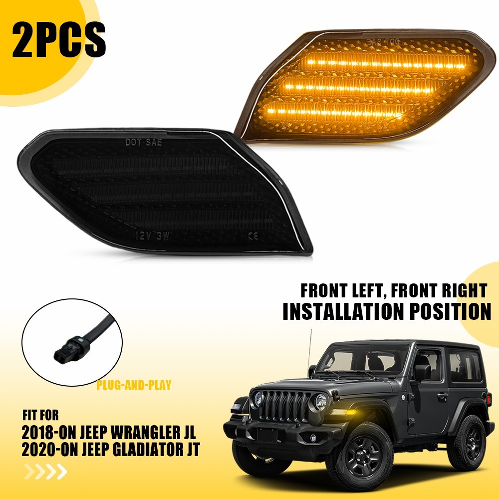2Pcs Front Left Right Smoked LED Fender Side Marker Lights For 18+ JL / 20+ JT