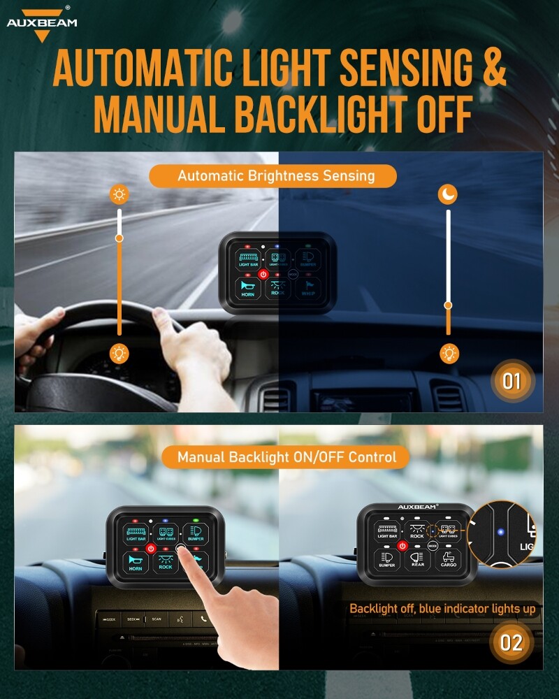 AUXBEAM 6 Gang RGB On/Off Switch Panel Toggle LED Light Circuit Relay System Kit