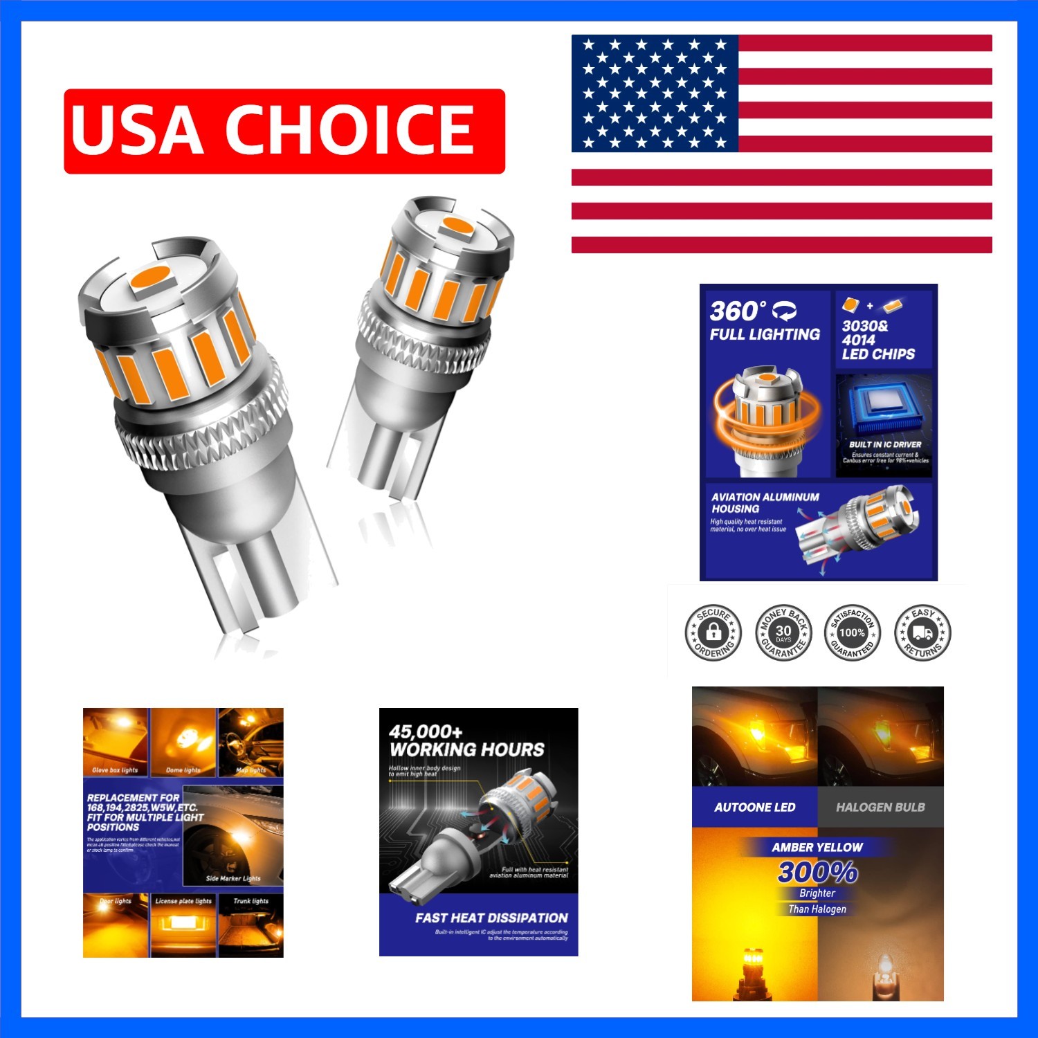 194 LED Bulb Amber Yellow, Side Marker Lights 300% Brighter T10 168 2825 W5W …