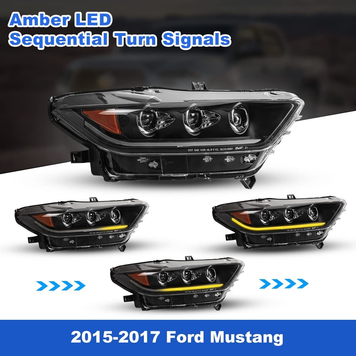 For 2015 2016 2017 Ford Mustang Headlights DRL LED Sequential Projector Headlamp