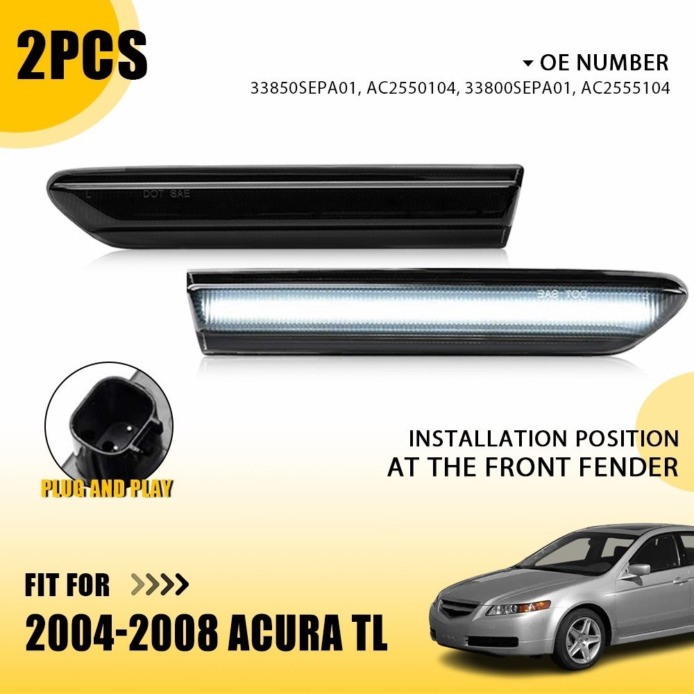 2pcs Smoked Lens White Fender LED Front Side Lights Marker For 2004-08 TL Acura