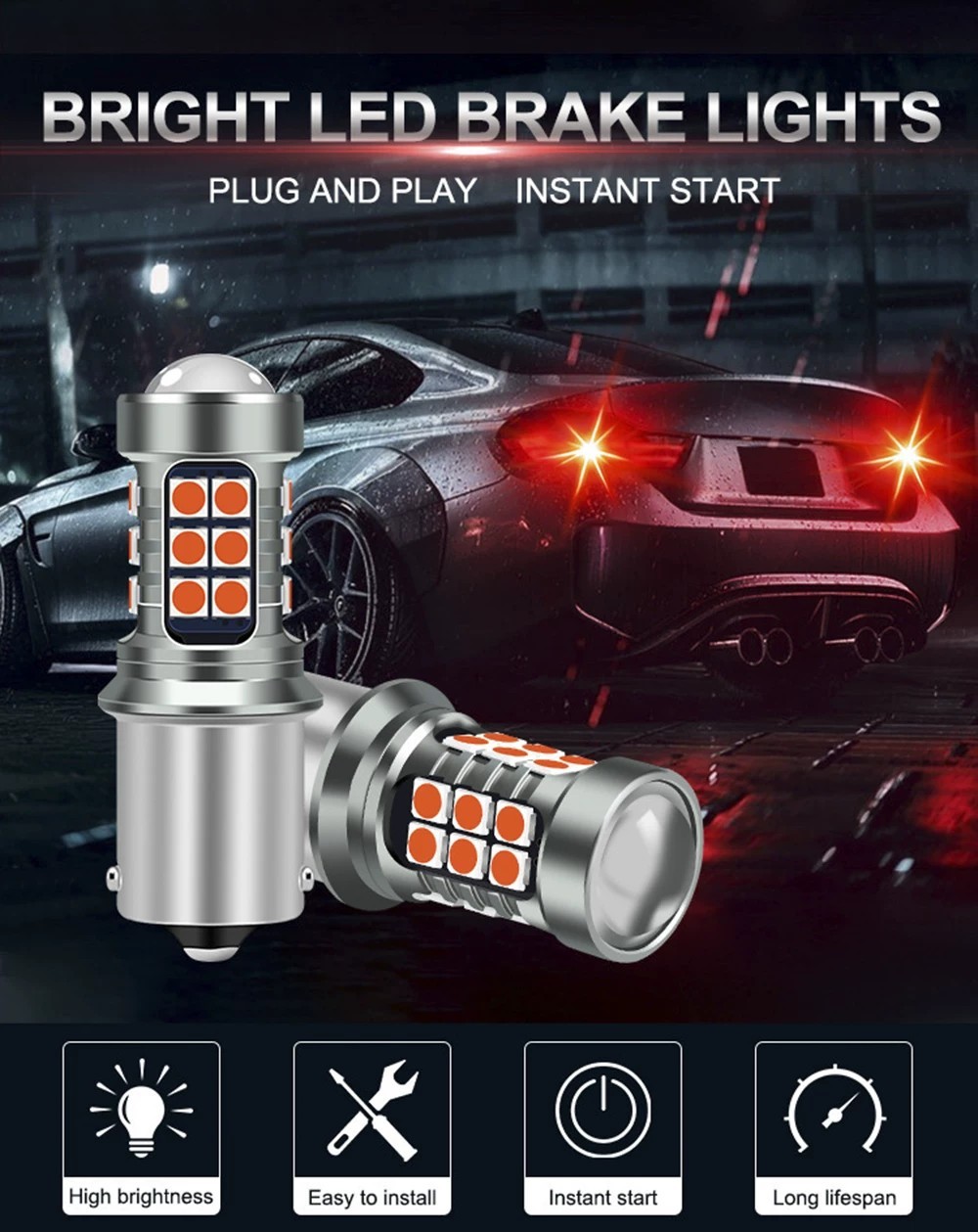 4X 7443 7440 LED Strobe Brake Light Bulbs Pure Red Flash Stop Tail Light