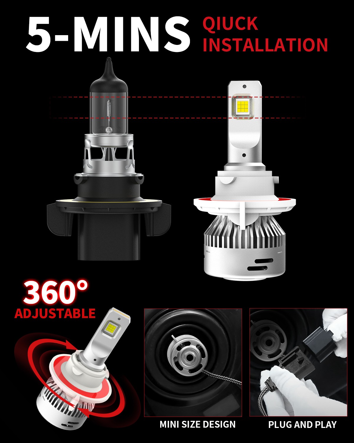 LASFIT H13 LED Headlights Bulb High Low Beam Cool White 6000LM Ultra Bright Lamp