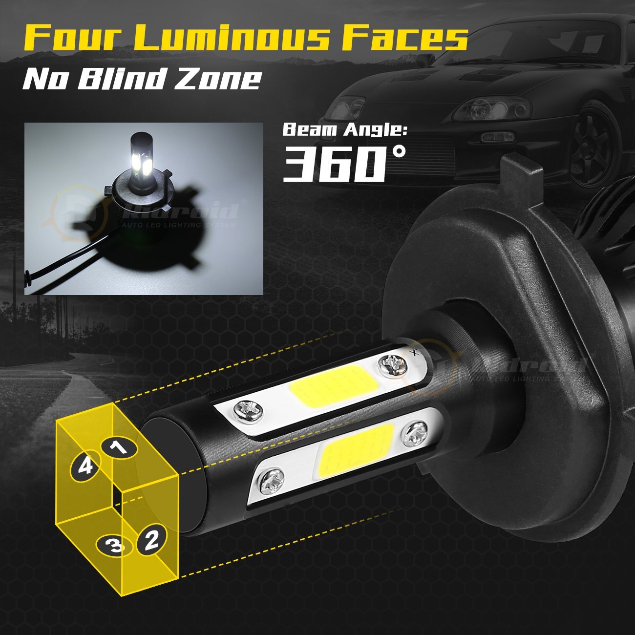 2x H4 / 9003 4-Sides LED Headlight Conversion Kit 2400W 360000LM Hi/Lo Beam Bulb