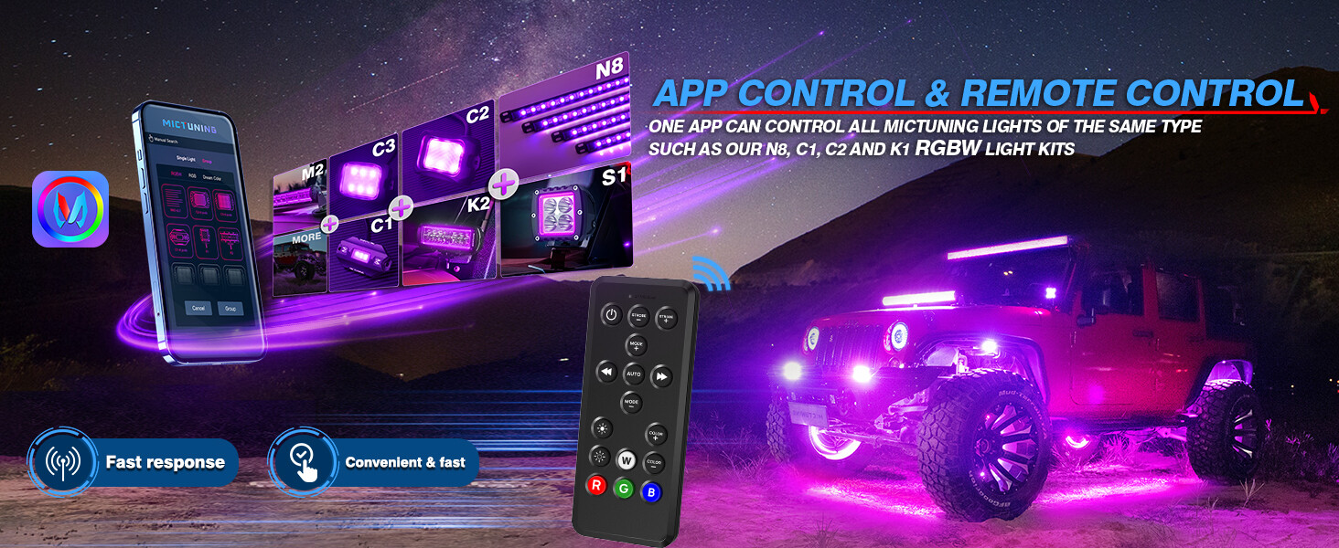 MICTUNING N8 RGBW LED Strip Aluminum Underneath Under Car Neon Lights Wireless