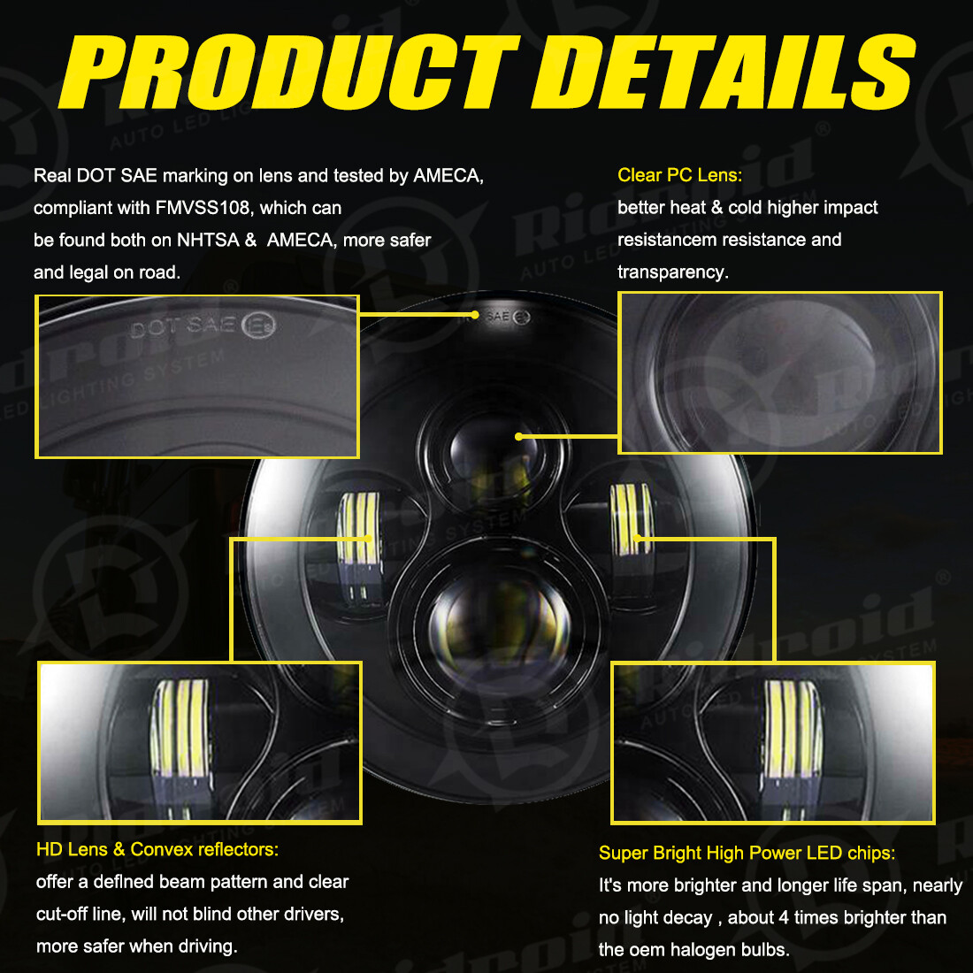7″ inch 300W LED Headlight Hi lo Black for Harley Honda Yamaha Ducati Motorcycle