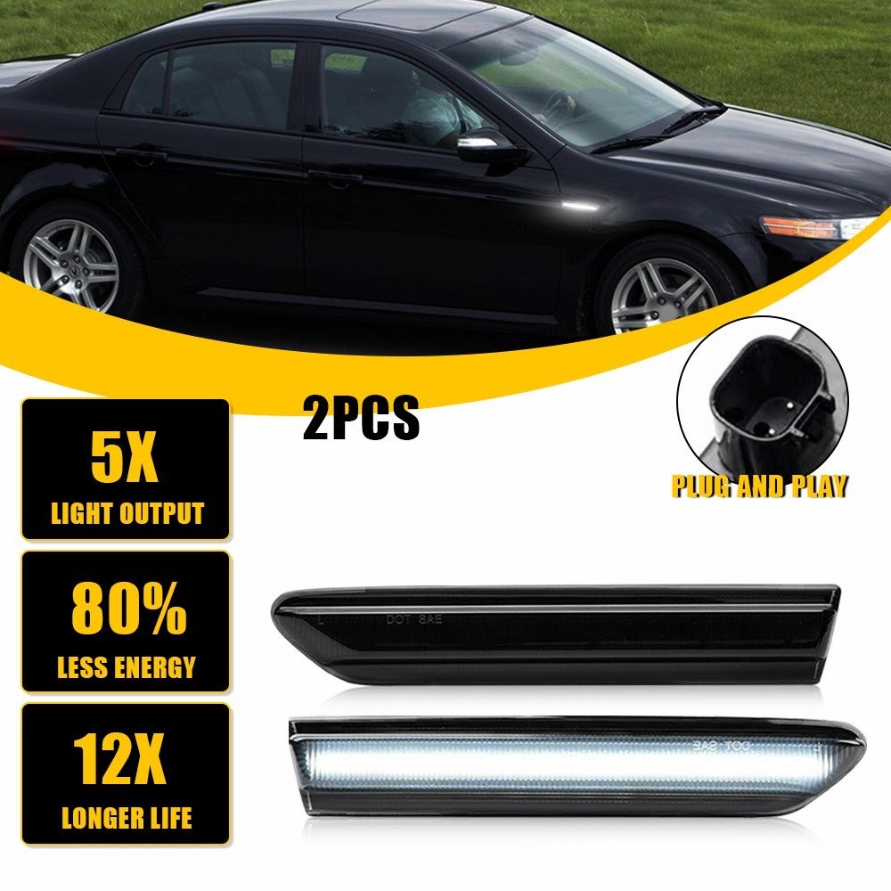 2pcs Smoked Lens White Fender LED Front Side Lights Marker For 2004-08 TL Acura