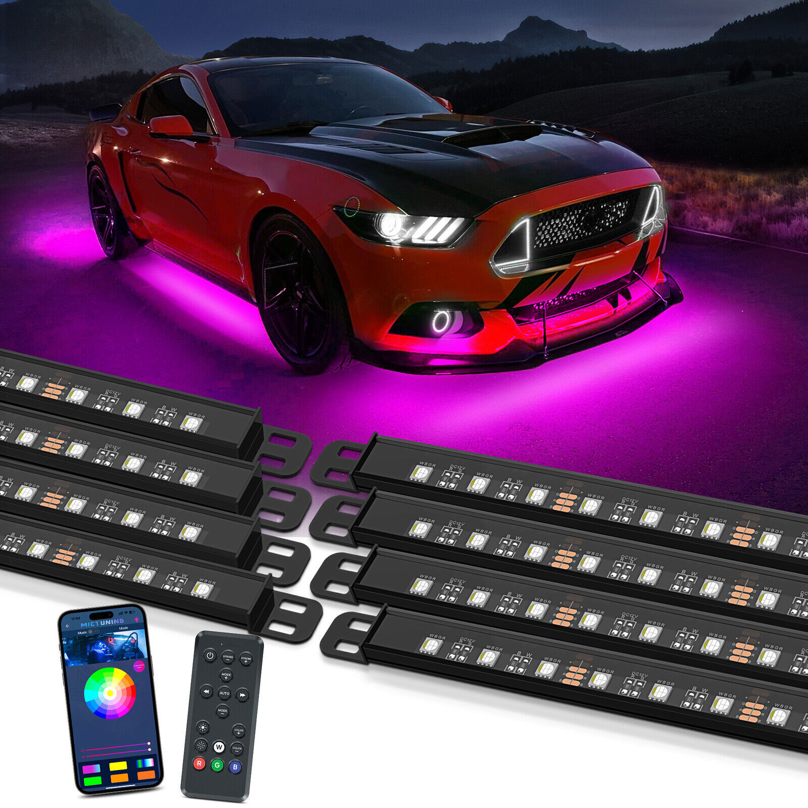 8pcs N8 Car Underglow Light Strips RGBW LED,Underbody Multicolor Light Bars