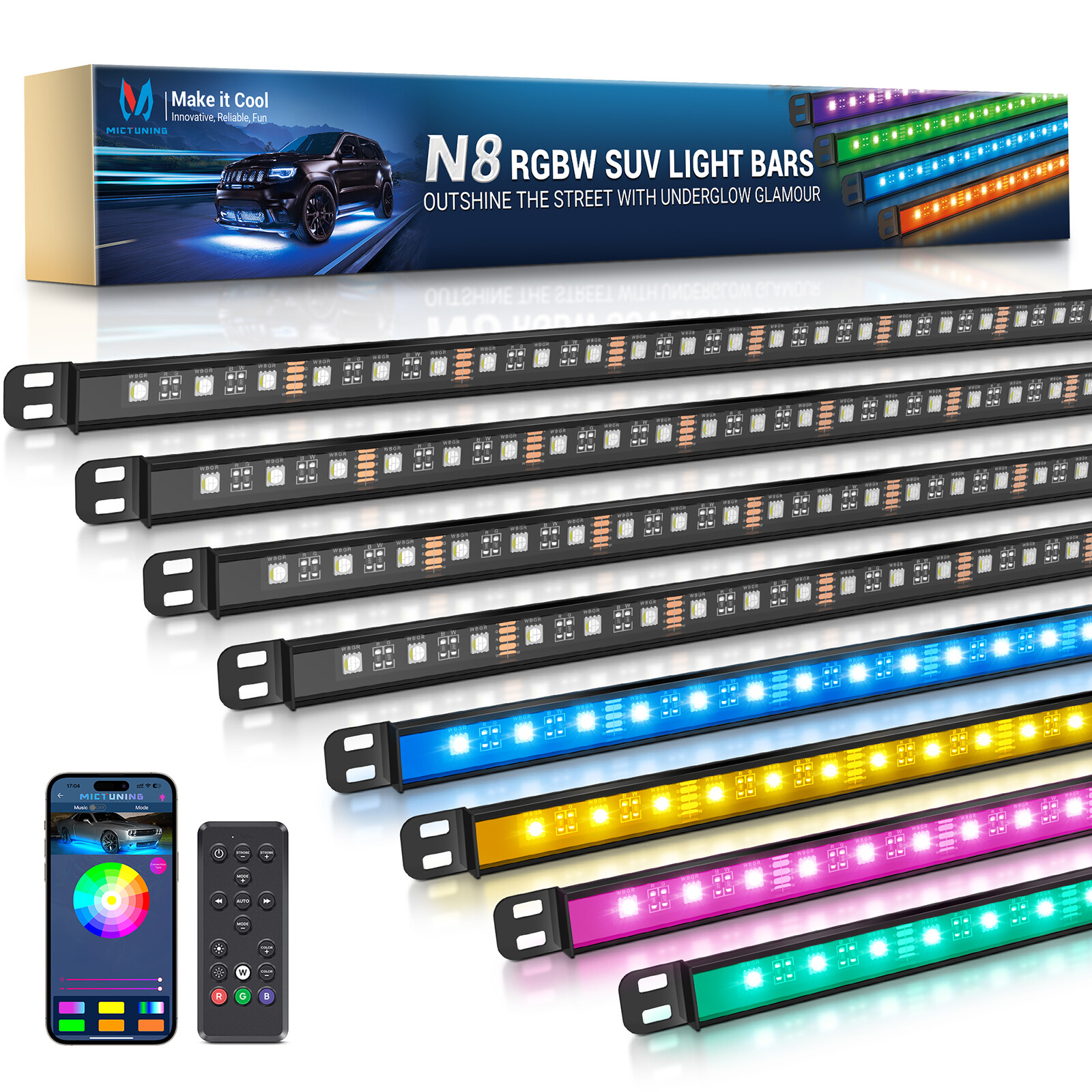 MICTUNING 8PCS N8 RGBW Underglow Light Bars , Underbody Neon Lights For SUVs