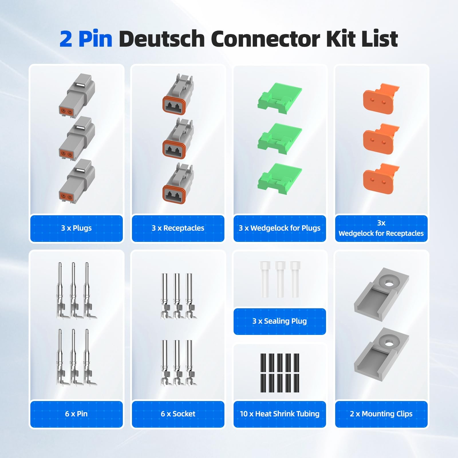 3 Set 2 Pin Gray Deutsch Waterproof Connector Kit Size 16 Contacts 1420AWG