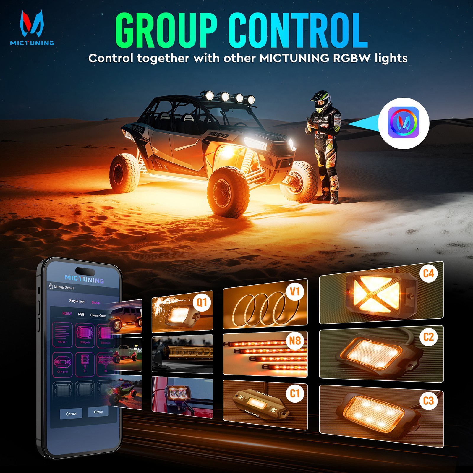 MICTUNING 16 Pods RGBW LED Rock Lights APP Control 4-Side LED Underglow Neon Kit