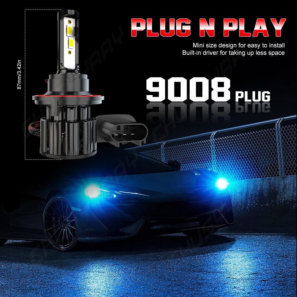 H13 9008 LED Headlight Bulbs Kit 100W 10000LM High & Low Beam Super Bright Blue