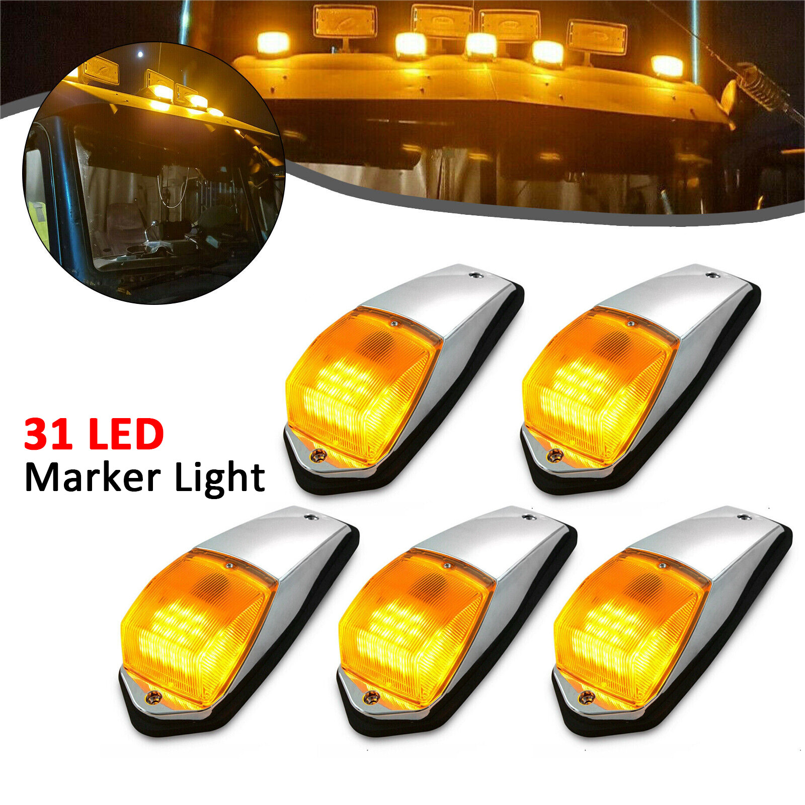 5 Cab Marker Lights Roof 31 LED Amber Chrome For Peterbilt Kenworth Freightliner
