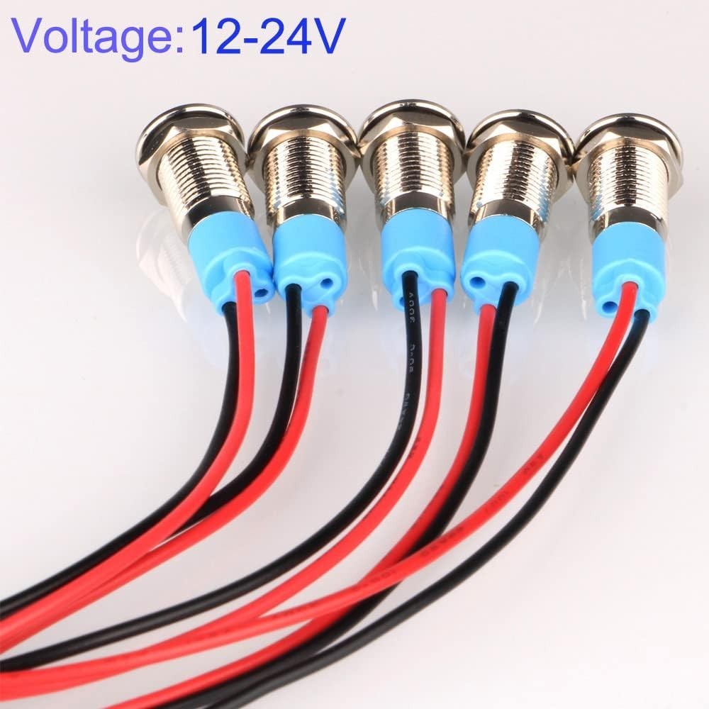 5pcs LED Metal Indicator Light Red AC/DC 12-24V Waterproof Signal Lamp