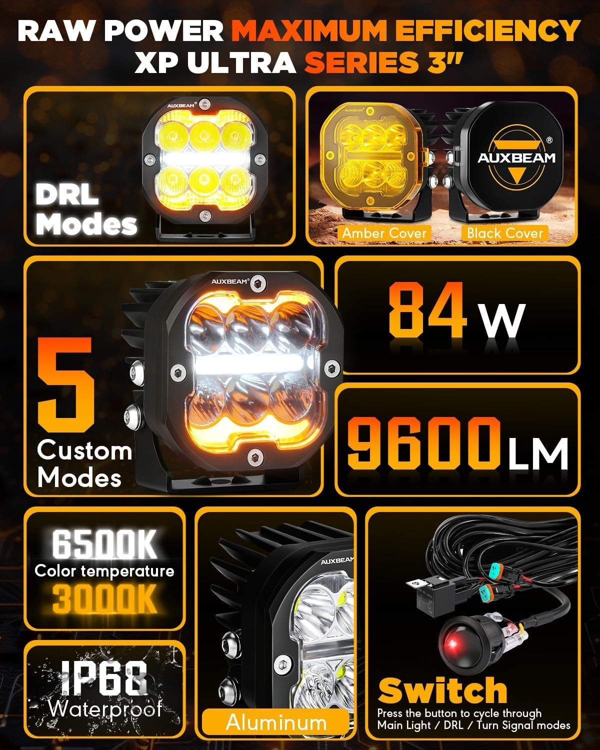 XP-Ultra Series 3 Inch LED Pods with Amber White DRL & Turn Signals, 84W 9600LM