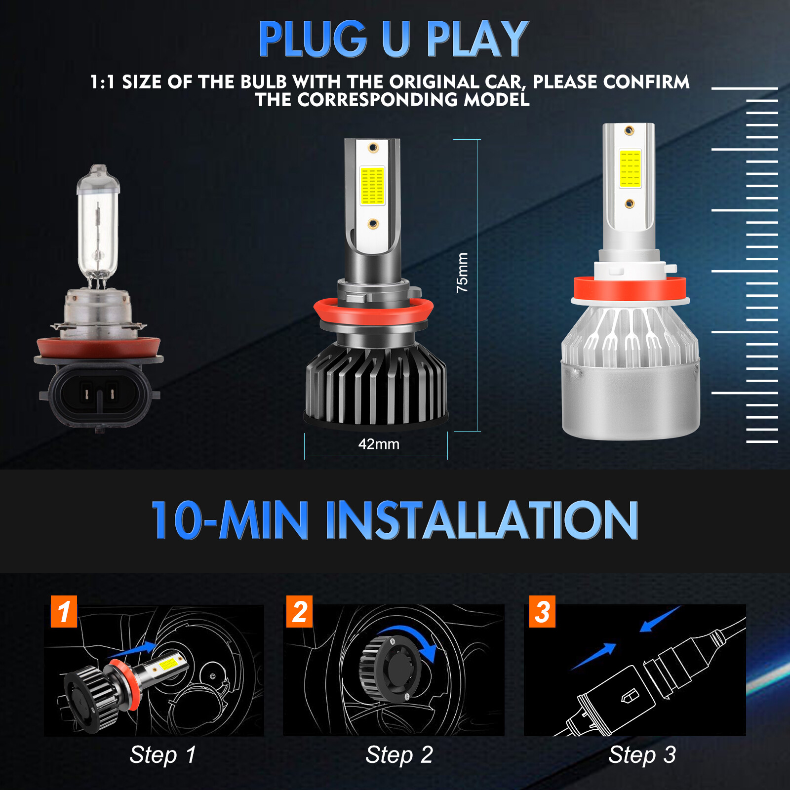 H7 H11 LED Headlights High Low Beam Conversion Kit 6000LM Bright White Bulb 4Pcs