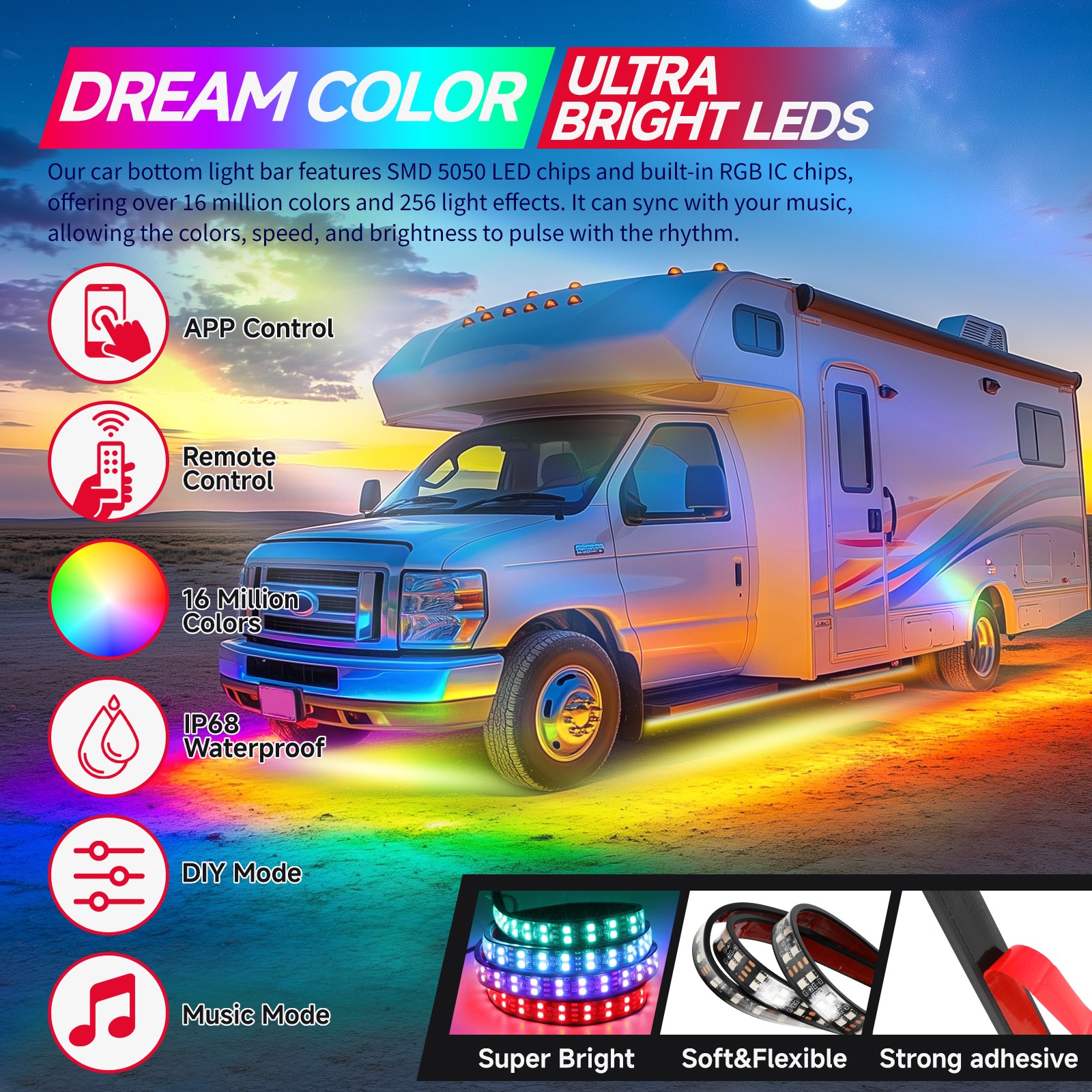 For Chevy Camaro Underglow Double Row RGB LED Car Neon Strip Light APP Remote