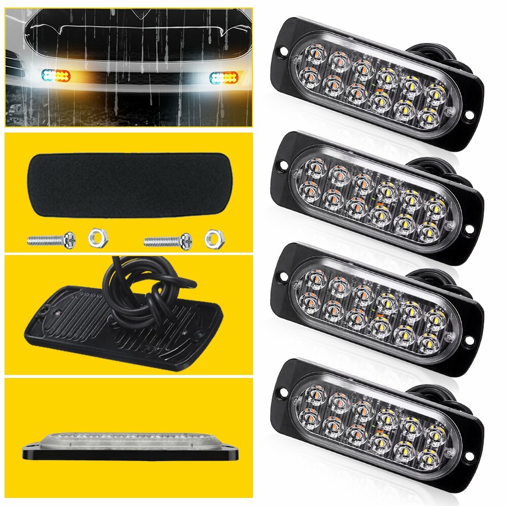 4xStrobe Amber 12-LED Car Truck Beacon Warning Hazard Flash Light Bars