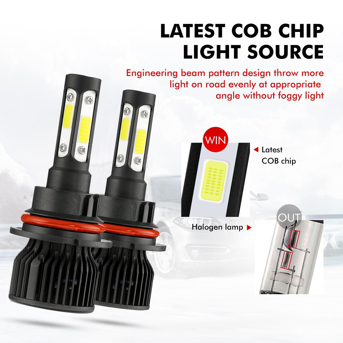 4-sides 9007 HB5 LED Headlight Bulbs Kit 2500000LM 6500K White High Low Beam 2X
