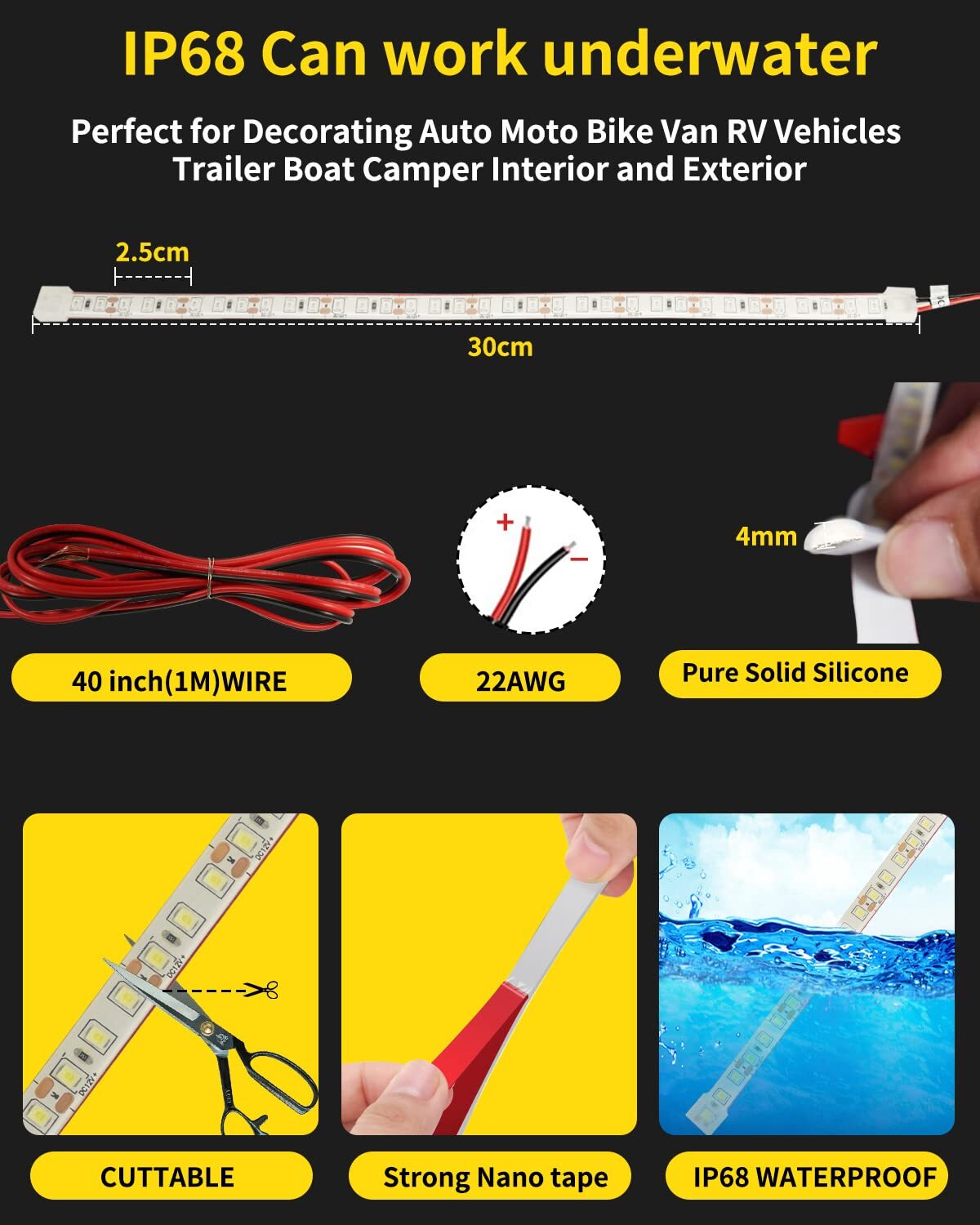 4 Pack Yellow Car LED Strip Lights 12inch 36SMD IP68 Waterproof 12V Golf