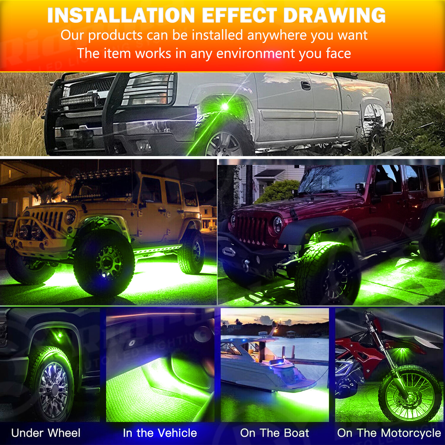 4X Green LED Rock Lights Underbody Glow Pods for Harley Honda Yamaha Motorcycle