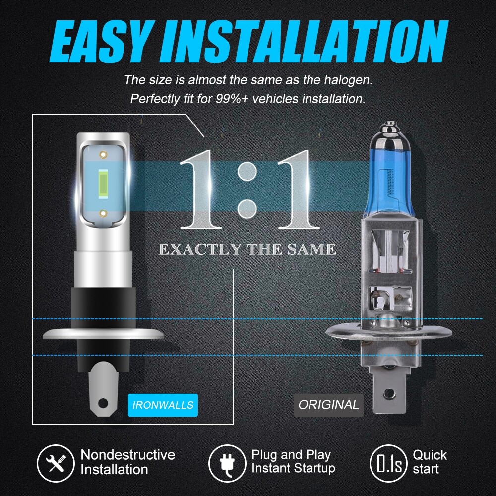 2PCS H1 6000K Super White 100W 8000LM LED Headlight Bulbs Kit Fog Driving Light