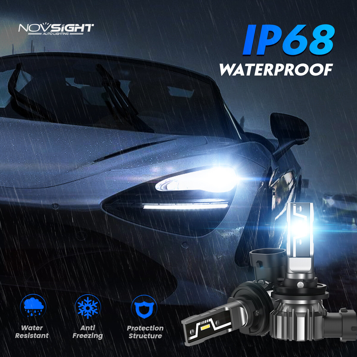 NOVSIGHT 9005/HB3+H11 LED Headlight Bulbs Conversion Bright 6500K 10000LM 4pcs