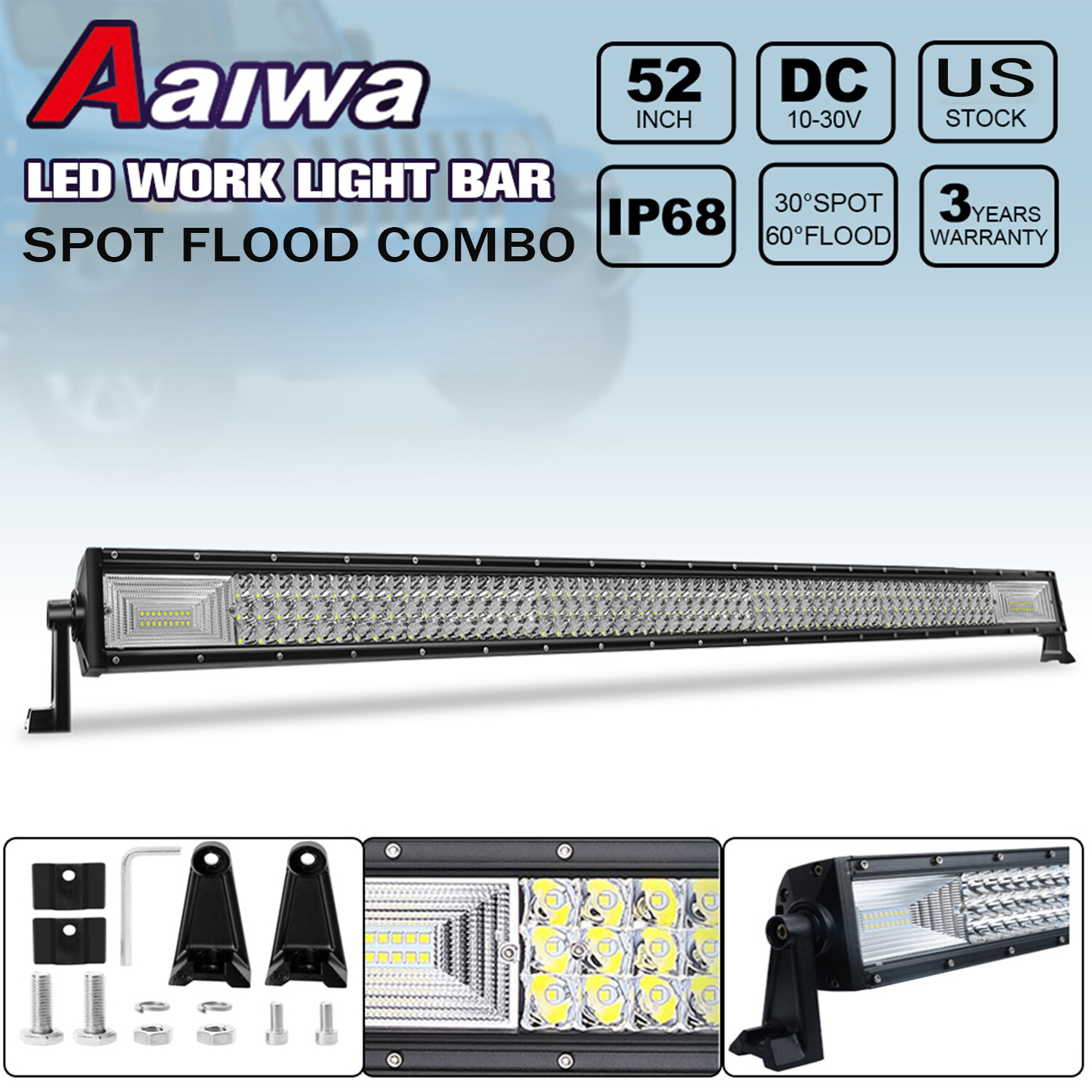 52″ Inch 1000W LED Light Bar Spot Flood + 12″ + 4″ Pods For Jeep Truck SUV Boat