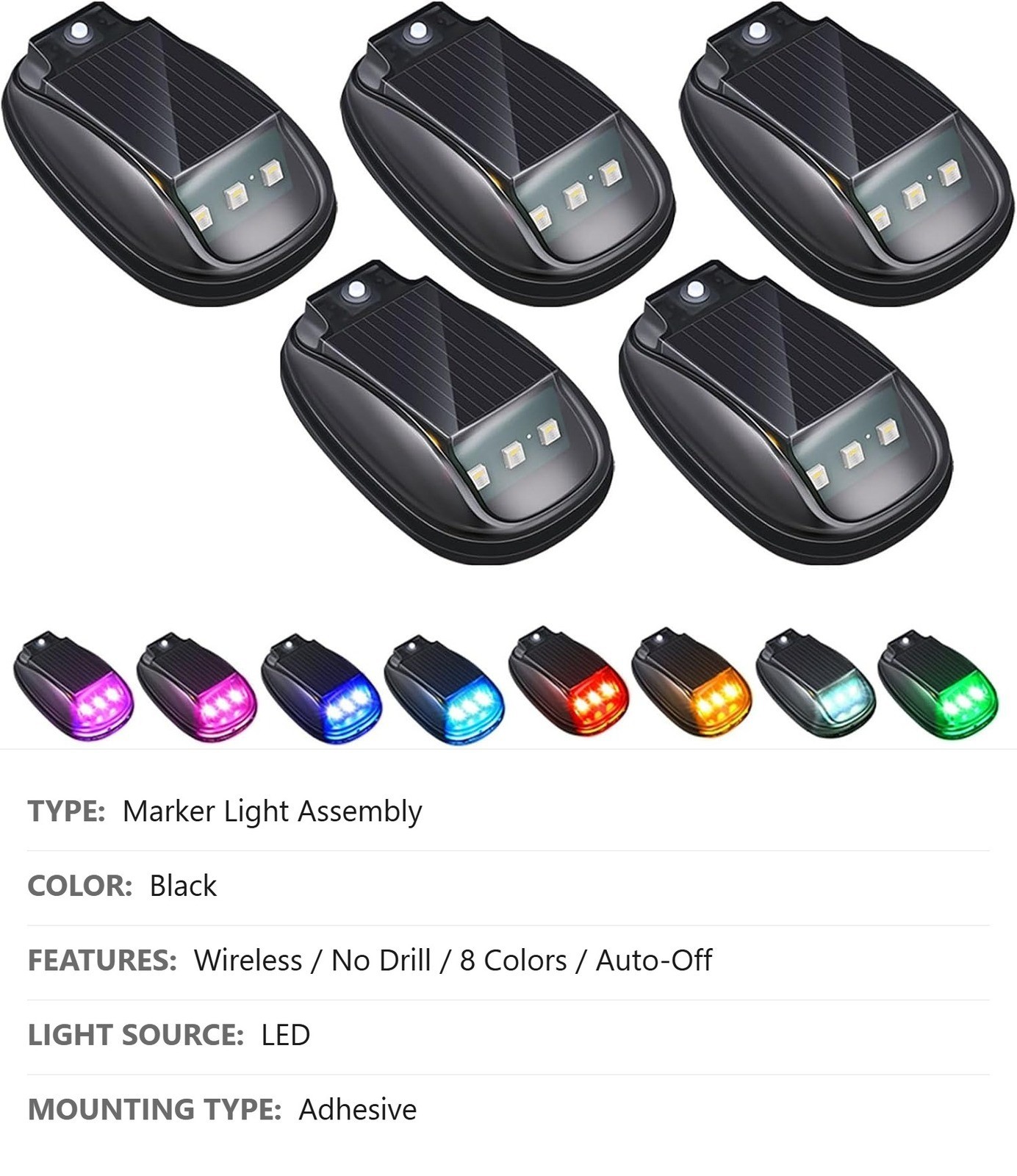 Wireless Solar Cab Lights, 5 Pc, RGB 8-Color, No Drill Roof Marker Lights