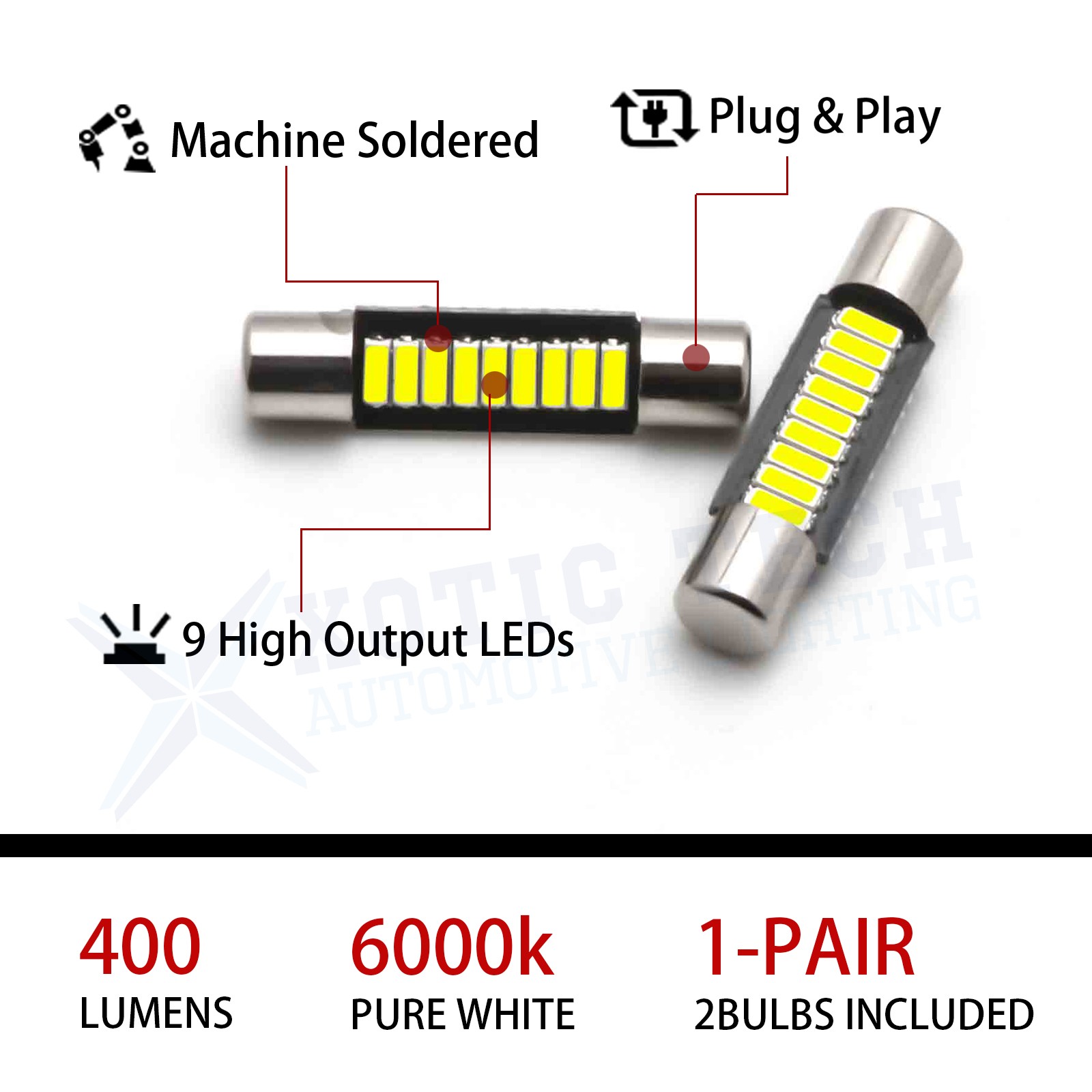 2x Pure White 29MM 6411 Bright 9-SMD LED Fuse Sun Visor Vanity Mirror Light Bulb