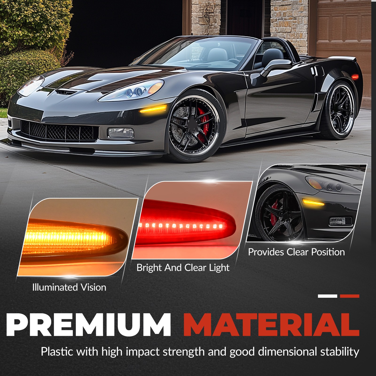 LED Smoked Front Rear Side Marker Lights Amber+Red For Chevy Corvette C6 2005-13
