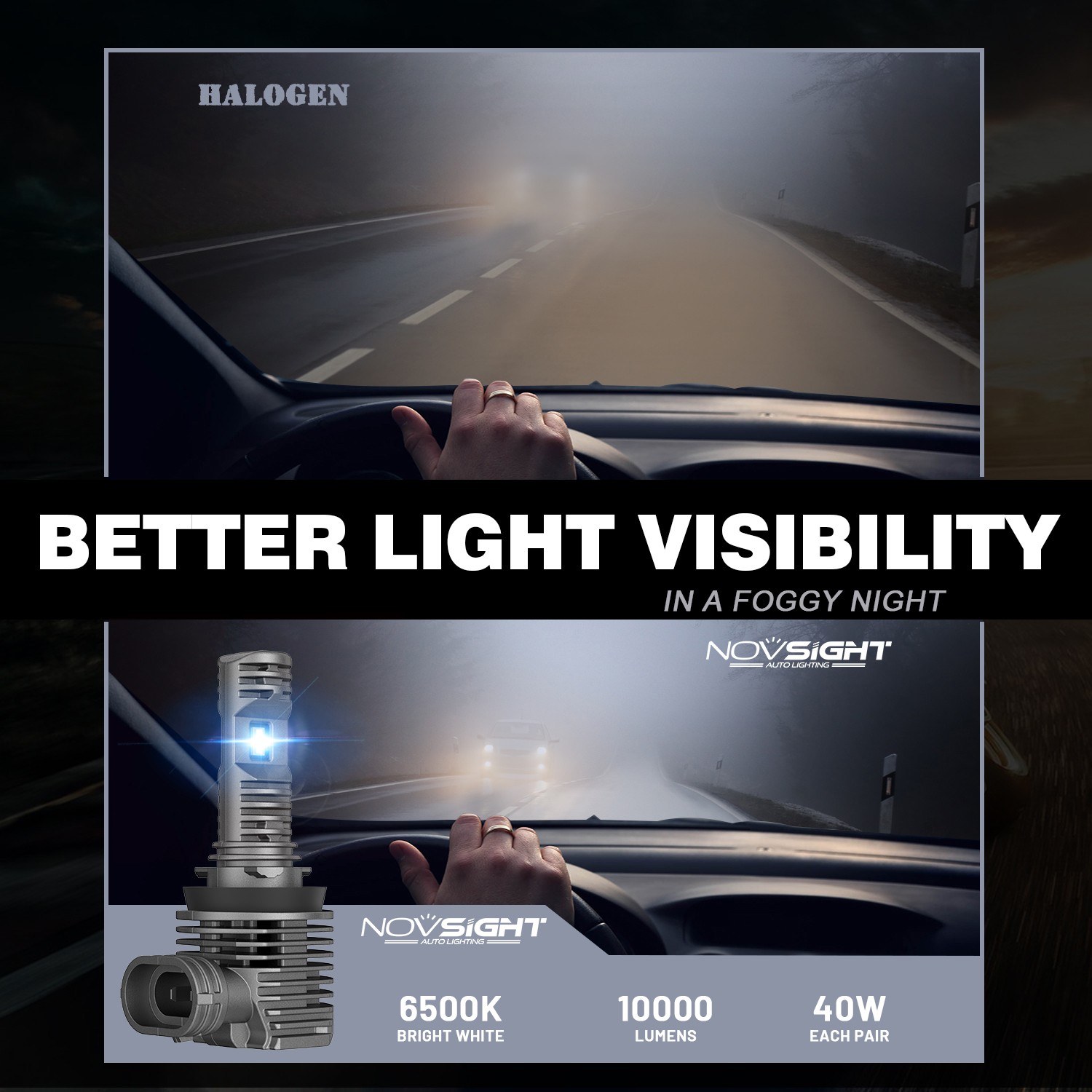 NOVSIGHT H11 LED Headlight Bulbs Fog Light Low Beam 6500K Replace Halogen Xenon