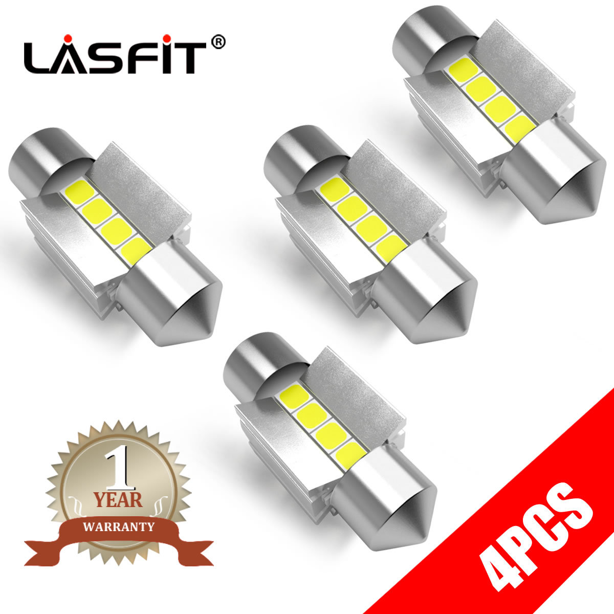 LASFIT 4x 6000K White 31MM DE3175 DE3022 LED Interior Map Dome Trunk Light Bulbs