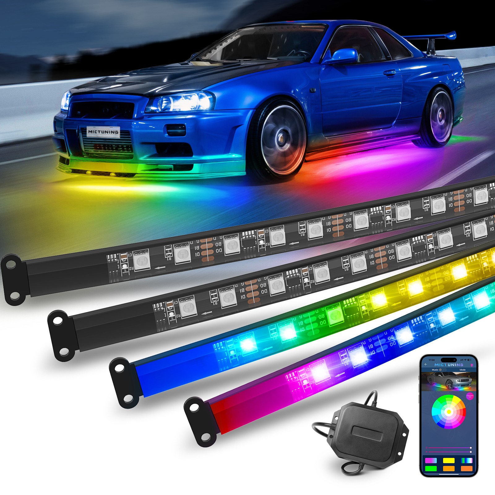 N3 Dream Color RGB Car Light Strips, Underglow Underbody Neon Chasing Light IP67