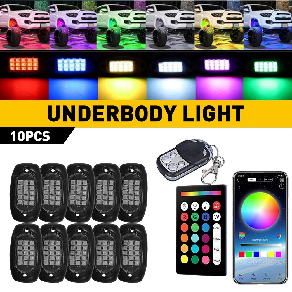 12V 10Pods RGB LED Rock Lights Underbody Wireless APP Music Chasing Offroad ATV