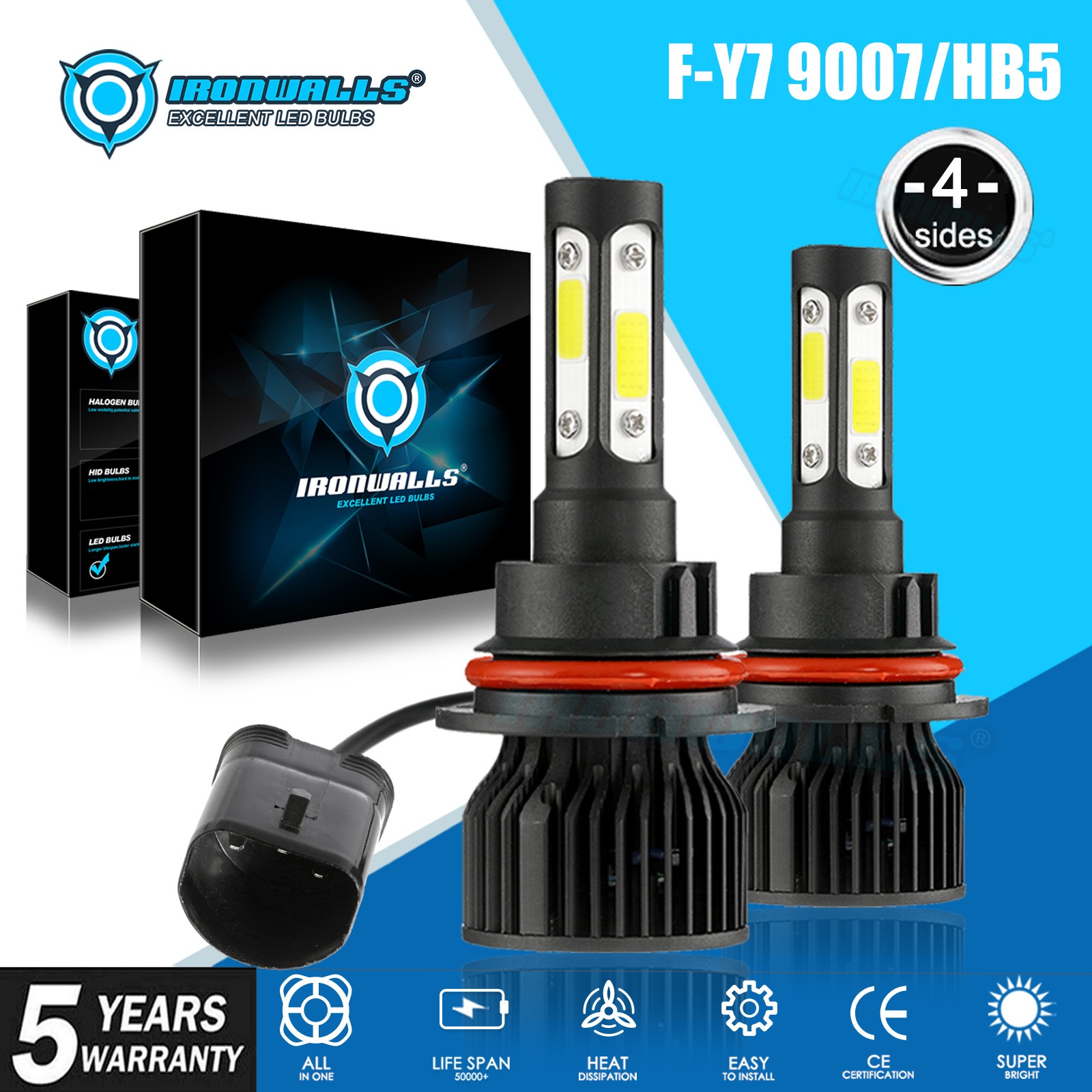 4-sides 9007 HB5 LED Headlight Bulbs Kit 2500000LM 6500K White High Low Beam 2X