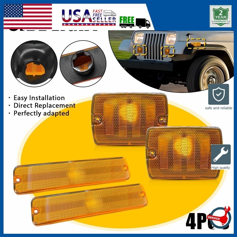 4/8x Amber Bumper Signal+Fender Side Marker Lights For Jeep 1987-95 Wrangler YJ