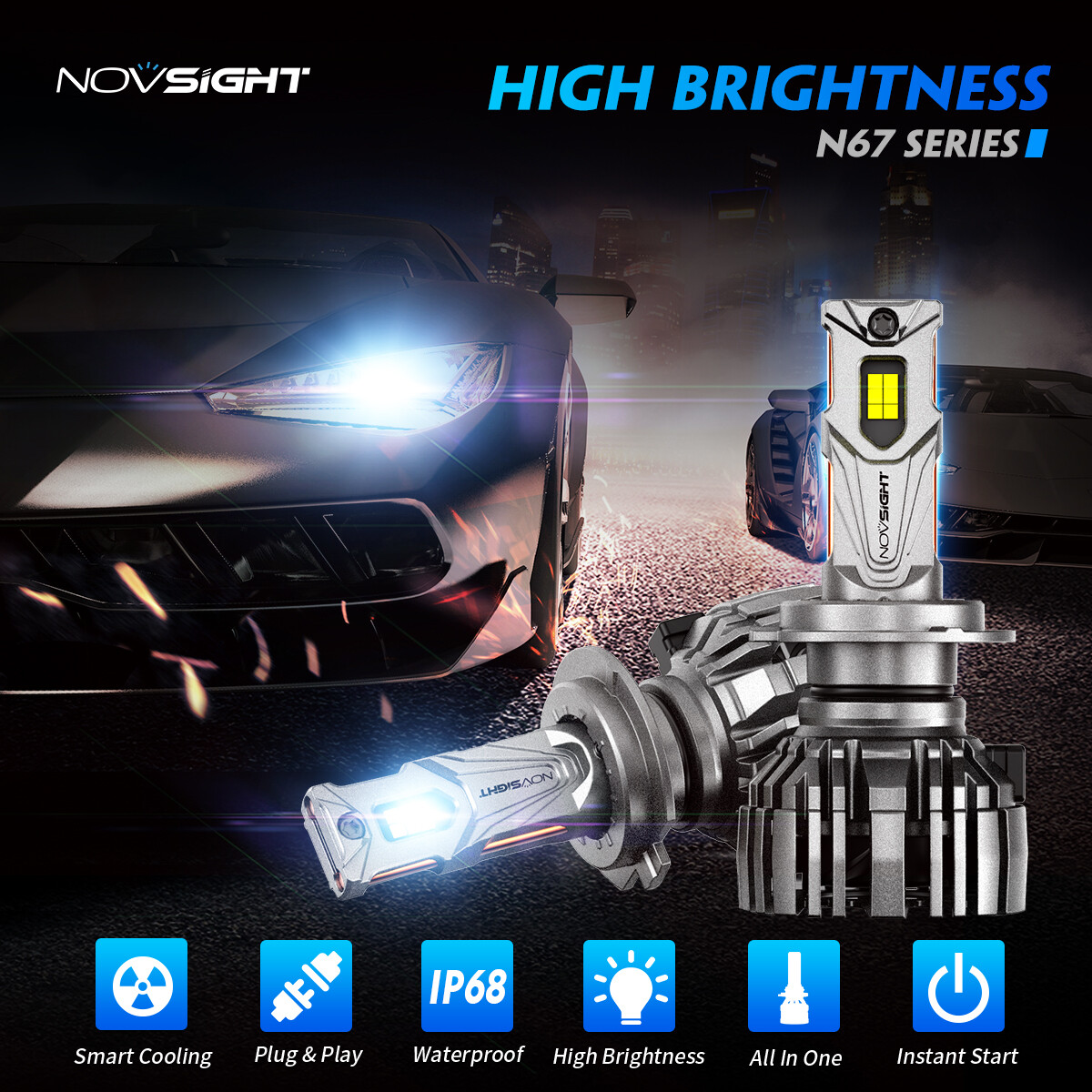 2PCS NOVSIGHT H11 30000LM LED headlight bulbs conversion kit high/low beam 140W