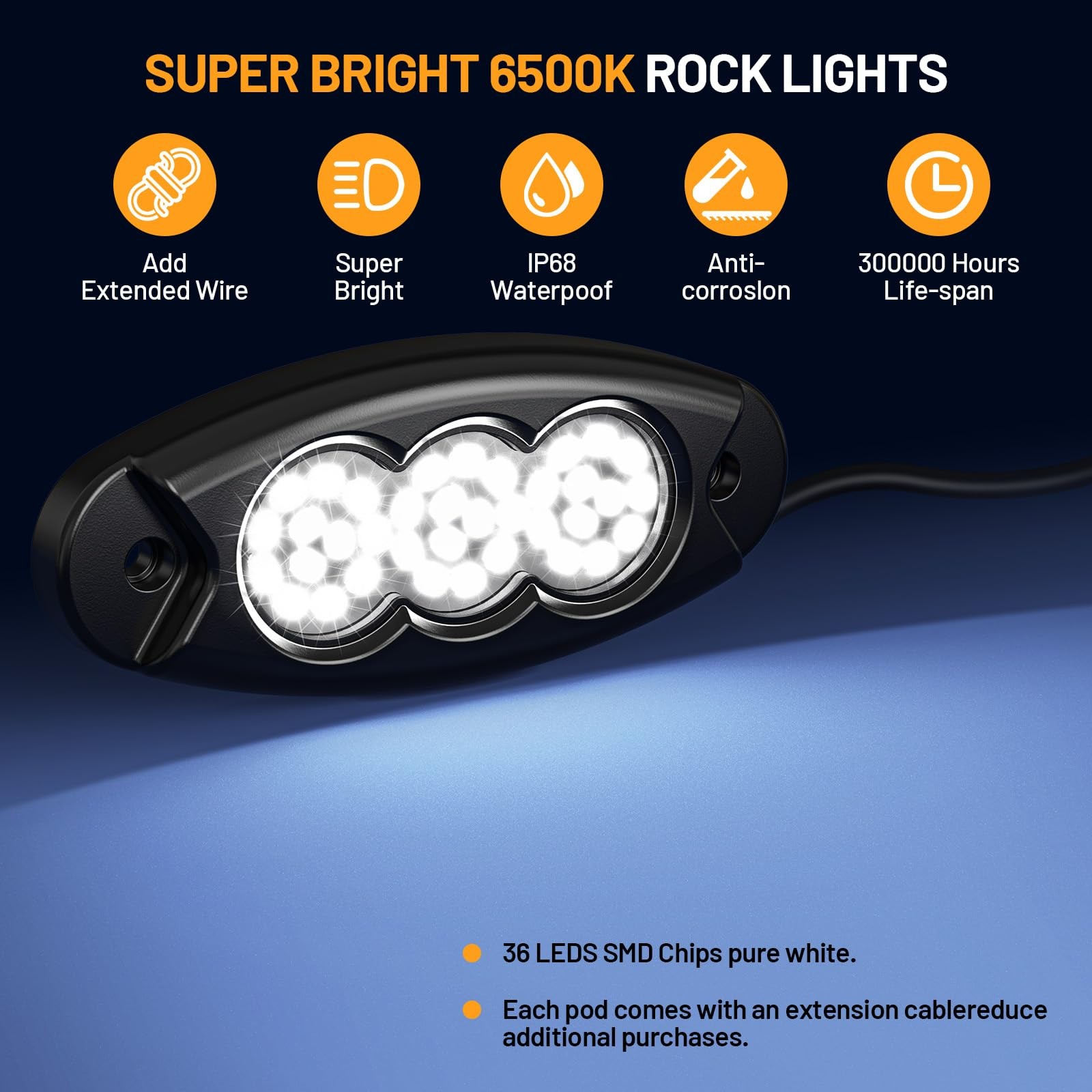 20 Pods White Rock Lights, 36 LEDs 6500K Ultra Bright IP68 Waterproof Underbo…