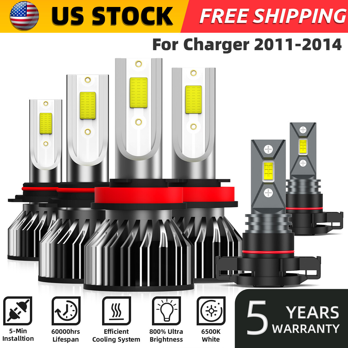 6X For Dodge Charger 2011-2014 LED Headlight Bulbs High Low Beam Fog Light 6000k