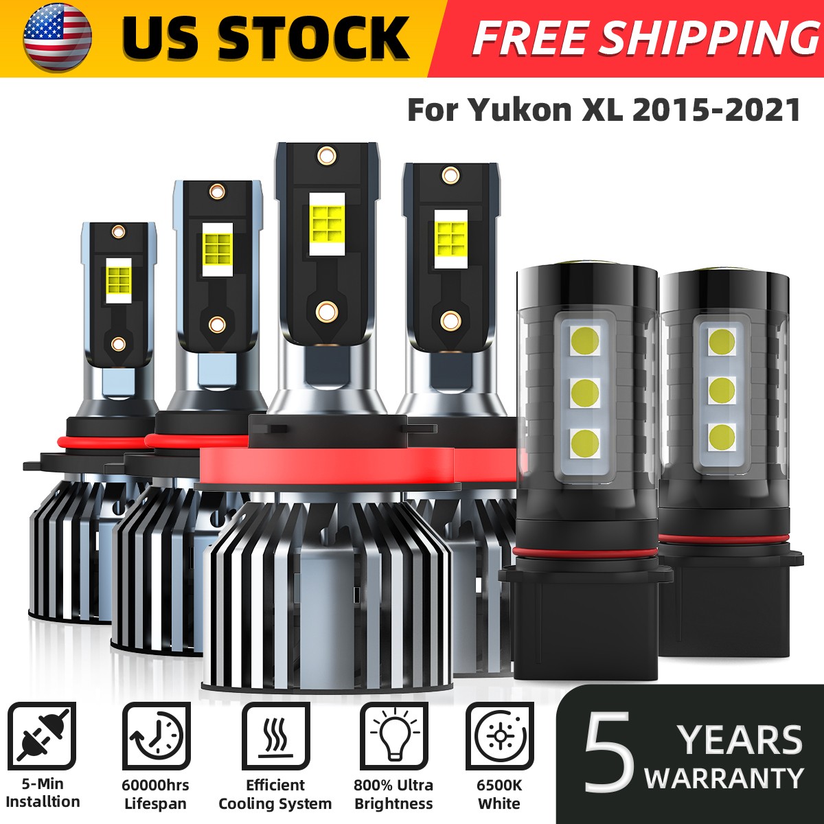 For GMC Yukon XL 2015-2021 LED Headlight Bulbs KIT Combo High Low Fog Beam 6000K