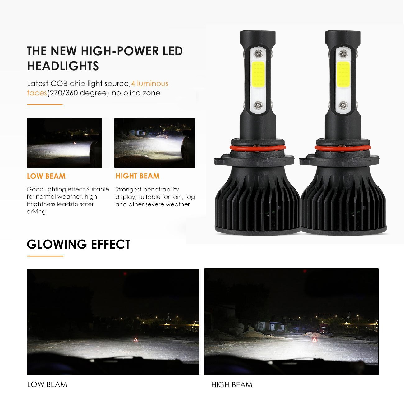 4-sides 9006 LED Headlight Bulb Kit Low Beam White Super Bright 6500K 2000000LM